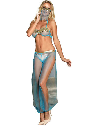 Sheer türkisfarbenes mesh dessous-set mit goldenen verzierungen und passendem gesichtsveil im indischen stil s m