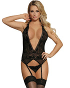 Schwarzer spitzenbody mit floralen mustern und passenden strumpfhaltern im subblime corset floral laced s m
