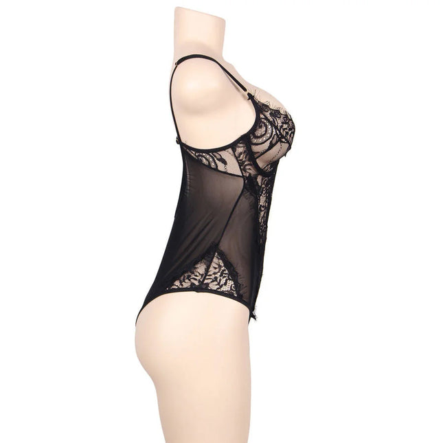 Schwarzer spitzenbody subblime queen plus mit durchsichtigen mesh-einsätzen und floraler stickerei