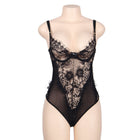 Schwarzer lace teddy queens plus mit floralen spitzenmustern und transparenten mesh-einsätzen