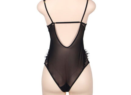 Schwarzer sheer spitzenbody mit dünnen trägern und fransen im floralem lace design von subblime queen plus