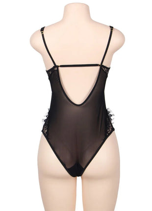 Schwarzer sheer spitzenbody mit dünnen trägern und fransen im floralem lace design von subblime queen plus