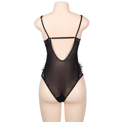 Schwarzer sheer spitzenbody mit dünnen trägern und fransen im floralem lace design von subblime queen plus