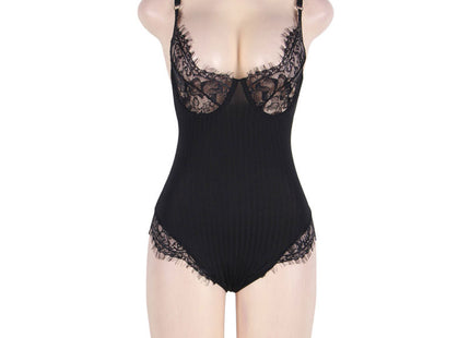 Schwarzer bodycon teddy mit spitzenbesatz und floraler stickerei sowie verstellbaren schulterriemen von subblime queen plus