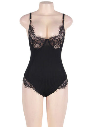 Schwarzer bodycon teddy mit spitzenbesatz und floraler stickerei sowie verstellbaren schulterriemen von subblime queen plus