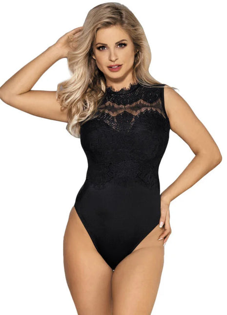 Schwarzer spitzenbody subblime teddy opaque mit hohem ausschnitt und kunstvollen floralen details in größe s m