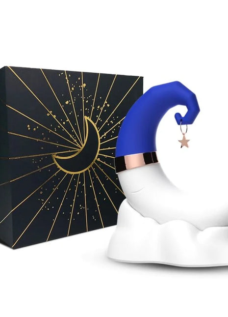 Weißes crescent moon klitoris sauger mit blauem zaubererhut und goldner verzierung von SWEETMOON