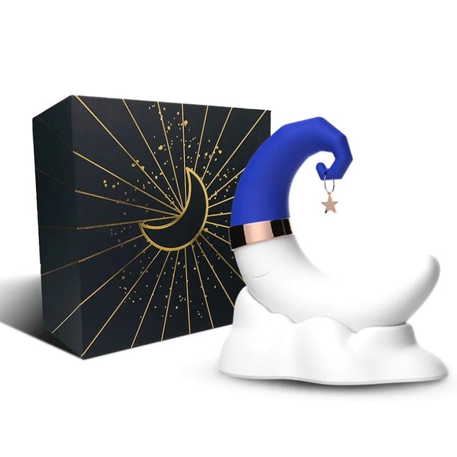 Weißes crescent moon klitoris sauger mit blauem zaubererhut und goldner verzierung von SWEETMOON