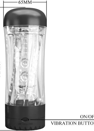 Klarer zylinderförmiger mastur­bator tamara vibecup schwarz mit led-lichtern und vibrationsknopf am fußende