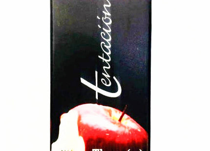Schwarze rechteckige box mit pinkem streifen und weißer kursiver aufschrift tentación sowie rotem apfel mit biss für lesbisches pheromonelixier