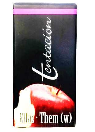 Schwarze rechteckige box mit pinkem streifen und weißer kursiver aufschrift tentación sowie rotem apfel mit biss für lesbisches pheromonelixier