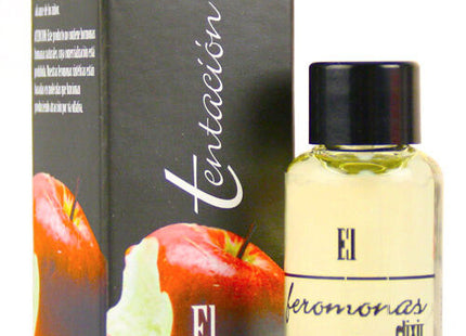 Ein klarer glasflakon mit schwarzem deckel enthält blassgelben el femeninas elixir neben dunkler box mit apfelillustration marke tentación