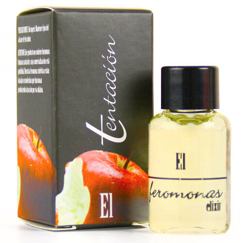 Ein klarer glasflakon mit schwarzem deckel enthält blassgelben el femeninas elixir neben dunkler box mit apfelillustration marke tentación