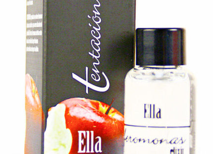 Eine klare glasflasche mit schwarzem deckel und weißem etikett mit transparenter flüssigkeit ella von tentación