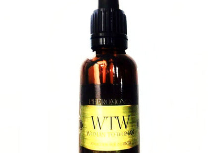 Dunkelbernsteiner glasflasche mit schwarzem tropfverschluss und goldfarbenem wtw women to woman pheromon etikett