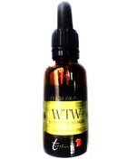 Dunkelbernsteiner glasflasche mit schwarzem tropfverschluss und goldfarbenem wtw women to woman pheromon etikett