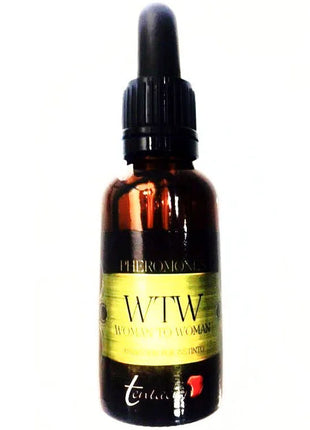 Dunkelbernsteiner glasflasche mit schwarzem tropfverschluss und goldfarbenem wtw women to woman pheromon etikett
