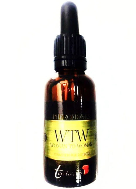 Dunkelbernsteiner glasflasche mit schwarzem tropfverschluss und goldfarbenem wtw women to woman pheromon etikett