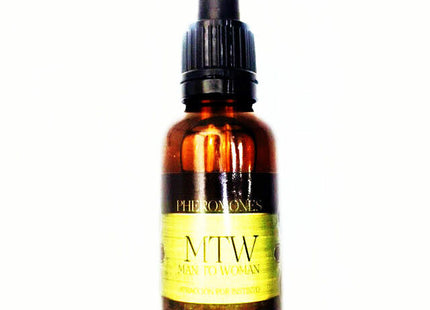 Ein schlankes bernsteinfarbenes glasfläschchen mit schwarzem tropfverschluss und gelbem label mtw man to woman pheromons 30 ml synthetische pheromone