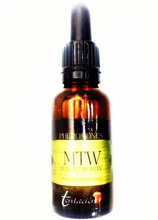 Ein schlankes bernsteinfarbenes glasfläschchen mit schwarzem tropfverschluss und gelbem label mtw man to woman pheromons 30 ml synthetische pheromone