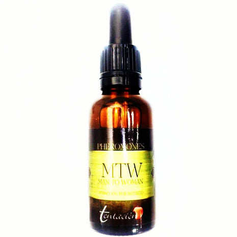 Ein schlankes bernsteinfarbenes glasfläschchen mit schwarzem tropfverschluss und gelbem label mtw man to woman pheromons 30 ml synthetische pheromone