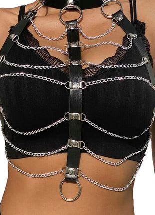 Verführerisches Leder-Brustharness mit Ketten - Schwarz Einheitsgröße - Brust-Harness