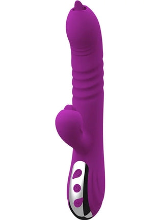 Verführerischeviolette duovibe wärmevibrator 21,9cm aus lila silikon mit silber-schwarzem bedienfeld am fußende