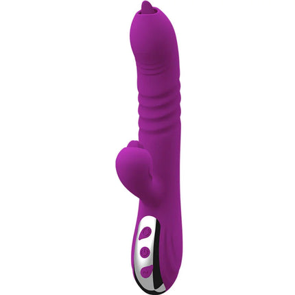 Verführerischeviolette duovibe wärmevibrator 21,9cm aus lila silikon mit silber-schwarzem bedienfeld am fußende