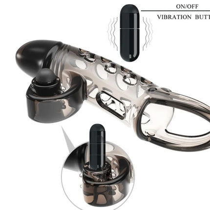 Verlängerte Lust - Elastischer Vibrationskäfig in Schwarz - Penishüllen mit Verlängerung