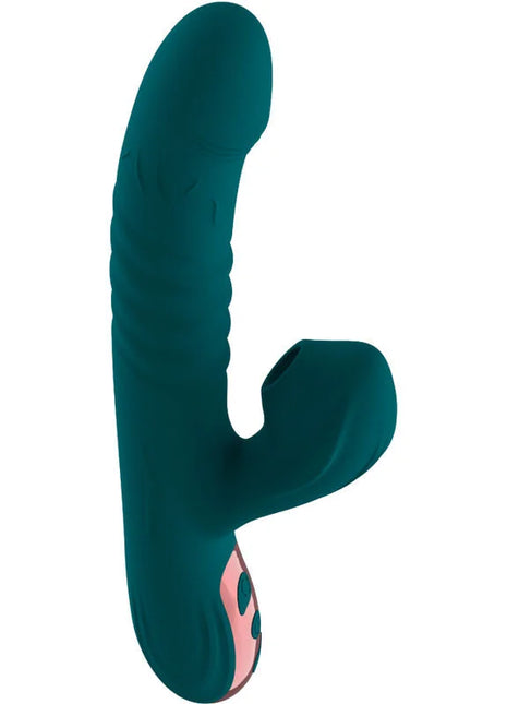 Teal silikon vibrator mit pinkem akzent und strukturierten rillen ergonomisch grün vibroluxus 20 modi saug erlebnis