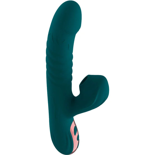 Teal silikon vibrator mit pinkem akzent und strukturierten rillen ergonomisch grün vibroluxus 20 modi saug erlebnis