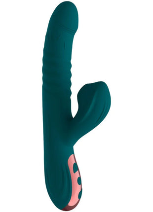 Teal silikon rabbit vibrator mit pinkem bedienfeld und kreistasten für ergonomisches saugerlebnis