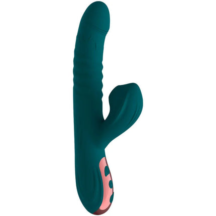 Teal silikon rabbit vibrator mit pinkem bedienfeld und kreistasten für ergonomisches saugerlebnis