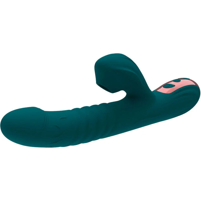 Teal silikon rabbit-style vibrator vibroluxus mit pinkem bedienfeld und drei tasten 20 modi saug-erlebnis ergonomisch grün