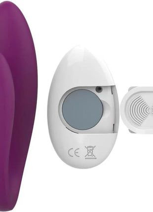 Violet love armony kitty eleganter paarvibrator in lila silikon mit weißer fernbedienung und batteriefach sichtbar