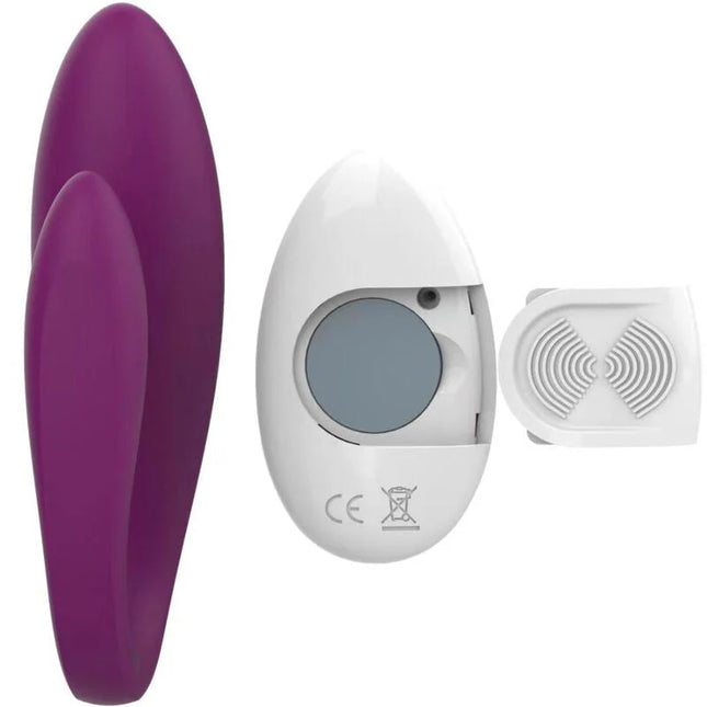 Violet love armony kitty eleganter paarvibrator in lila silikon mit weißer fernbedienung und batteriefach sichtbar