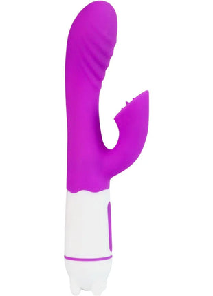 Violette glücks-welle eleganter vibrator in lila und weiß aus silikon mit strukturierter, gebogener kaninchenform