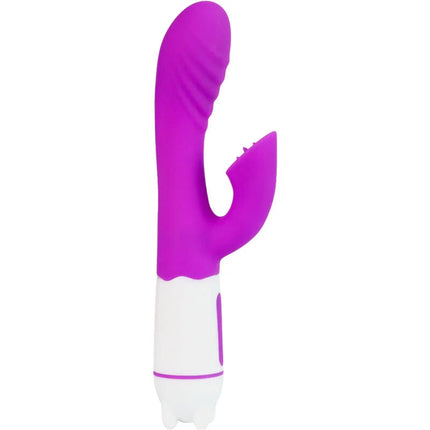 Violette glücks-welle eleganter vibrator in lila und weiß aus silikon mit strukturierter, gebogener kaninchenform