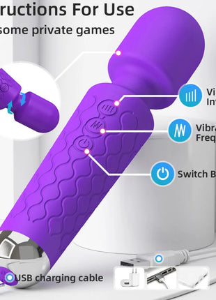 Violette sinnlichkeit lila silikon vibrato wand mit metallischer silberspitze und austauschbarem kopf