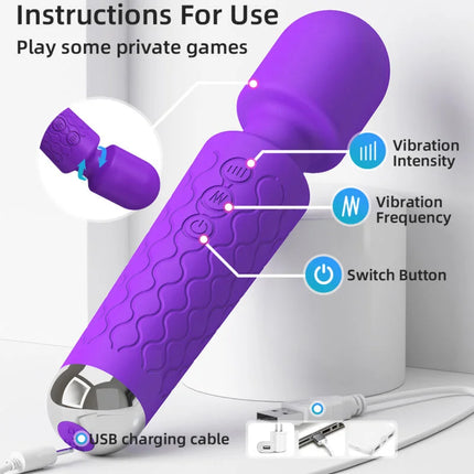 Violette sinnlichkeit lila silikon vibrato wand mit metallischer silberspitze und austauschbarem kopf