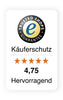 Weiße rechteckige Plakette mit einem schwarzen und goldenen „trusted shops guarantee“-Logo mit dem Text „käuferschutz,“ fünf orangefarbenen Sternen, der Bewertung „4,75,“ und dem deutschen Wort „hervorragend.“
