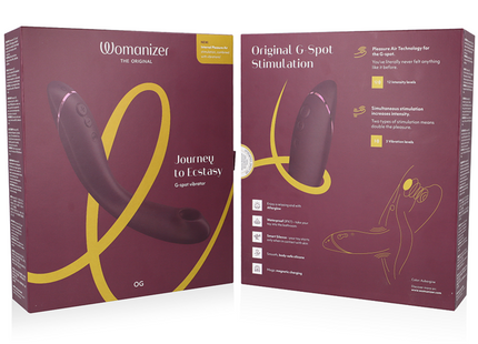 The womanizer og g-spot aubergine ist ein dunkelviolettes silikonstimulator mit ergonomischem design und glatter oberfläche