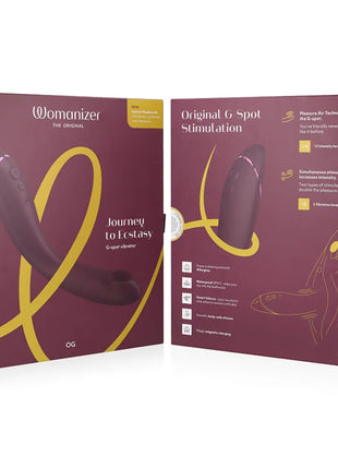 The womanizer og g-spot aubergine ist ein dunkelviolettes silikonstimulator mit ergonomischem design und glatter oberfläche