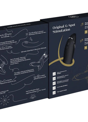 Womanizer og g-spot stimulation device in sleek black packaging with gold accents for targeted pleasure