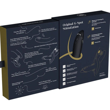 Womanizer og g-spot stimulation device in sleek black packaging with gold accents for targeted pleasure