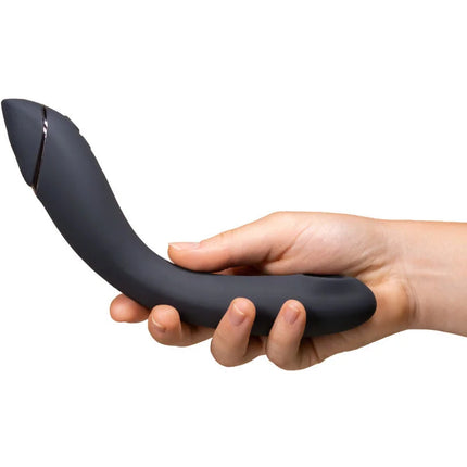 Schwarzes silikon pleasure device womanizer og-g-spot-schiefer mit geschwungener form und metallischem akzent