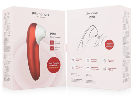 Womanizer pro vibrant klitoralstimulator burgunder in rot und weiß im original packaging sichtbar