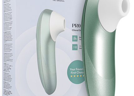 Woomanizer pro klitoralstimulator in salbeigrün mit metallischem körper und ergonomischem design für empfindliche stimulierung