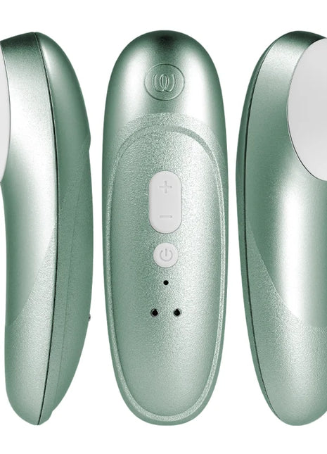 Womanizer pro vibrant klitoralstimulator in metallic salbeigrün mit weißer silikonspitze und steuerungstasten
