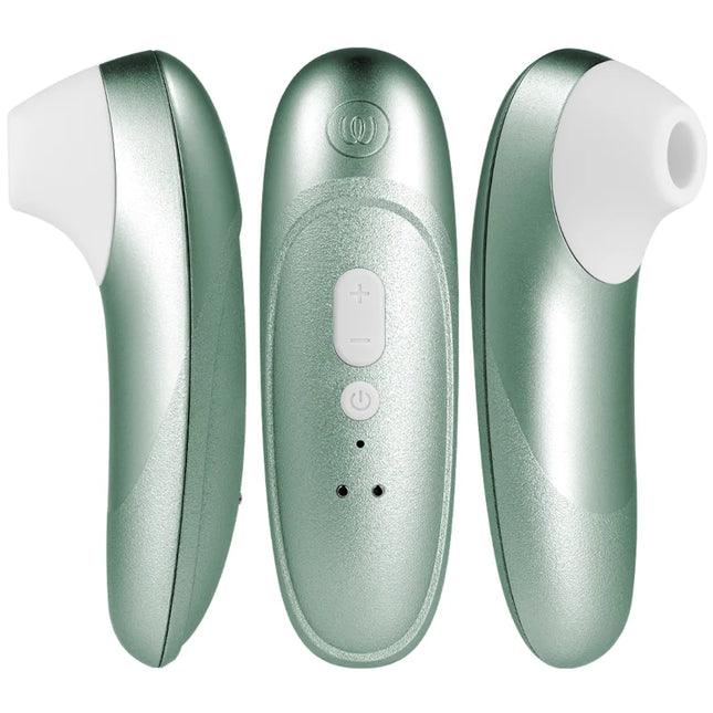 Womanizer pro vibrant klitoralstimulator in metallic salbeigrün mit weißer silikonspitze und steuerungstasten